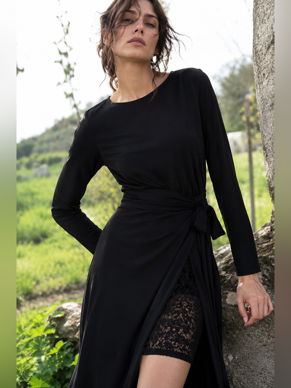 The Kooples Black Long Sleeve Wrap Maxi Dress with Lace Insert